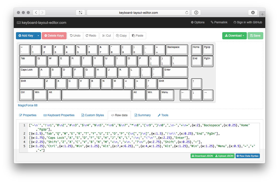 Keyboard Layout Editor showing custom layout for 68Keys.io keyboard